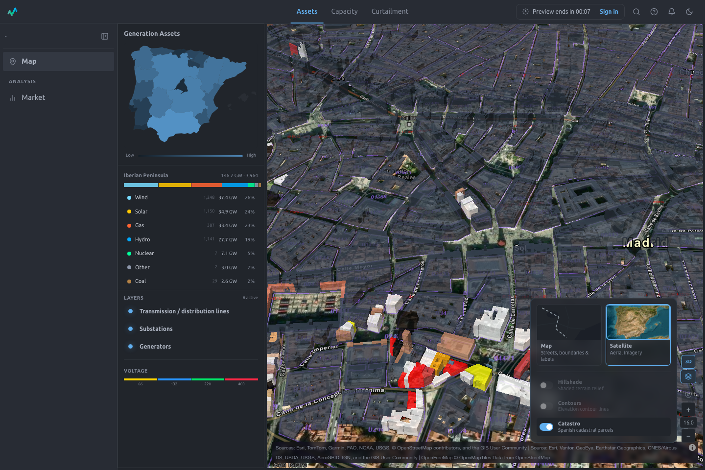3D satellite map with Catastro parcel layer and map layer drawer