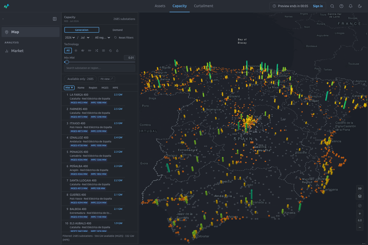 Capacity View map overlay showing grid capacity indicators across substations and lines