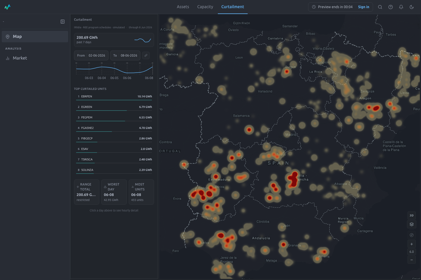 Curtailment heatmap showing restriction exposure clusters across the grid