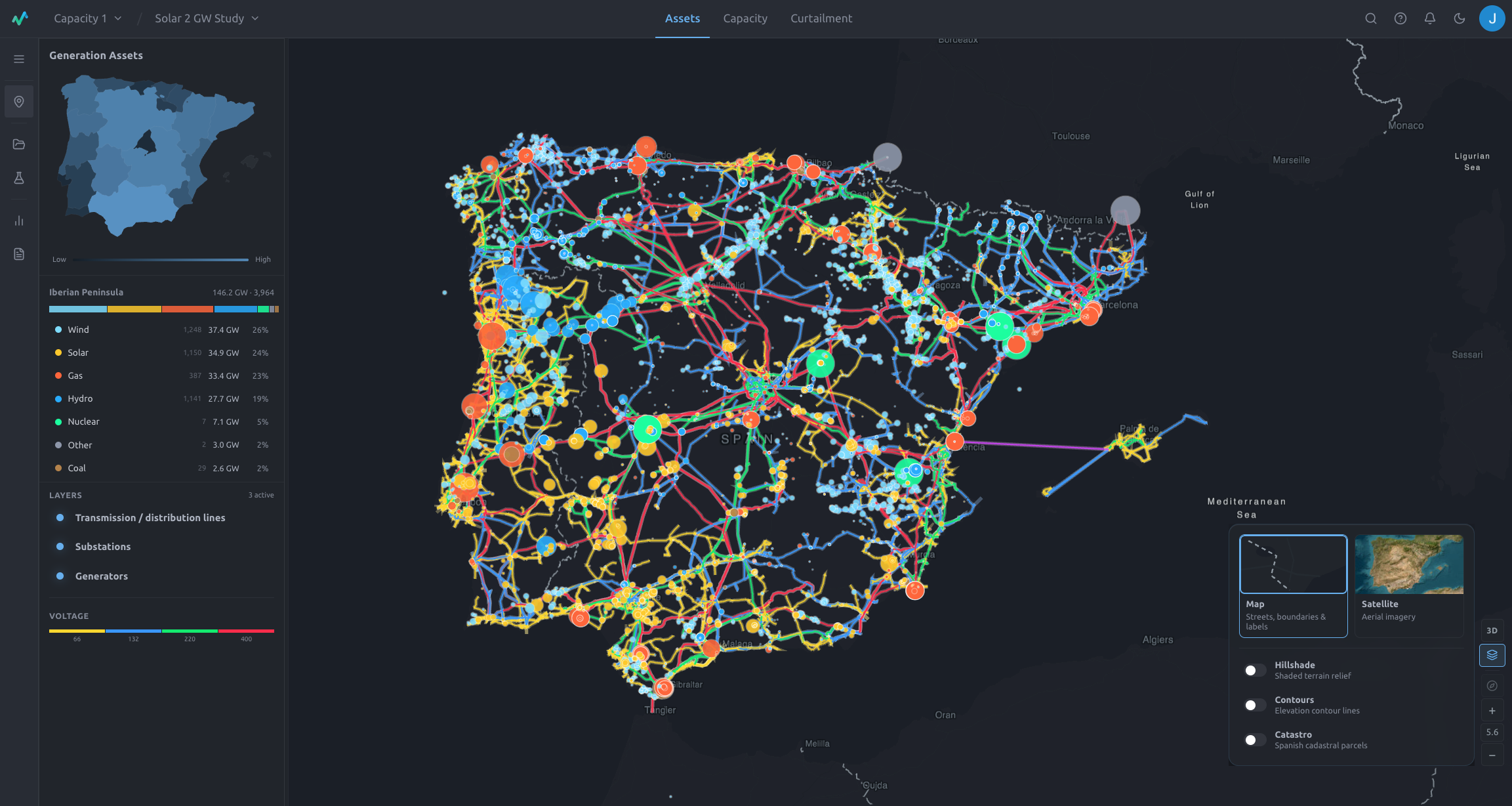eRoots Map workbench showing the full Iberian Peninsula grid view with assets, layers, and map controls